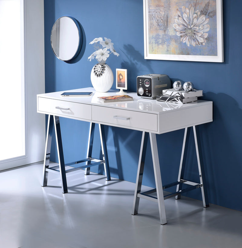 Coleen - High Gloss Writing Desk With USB - Chrome / White