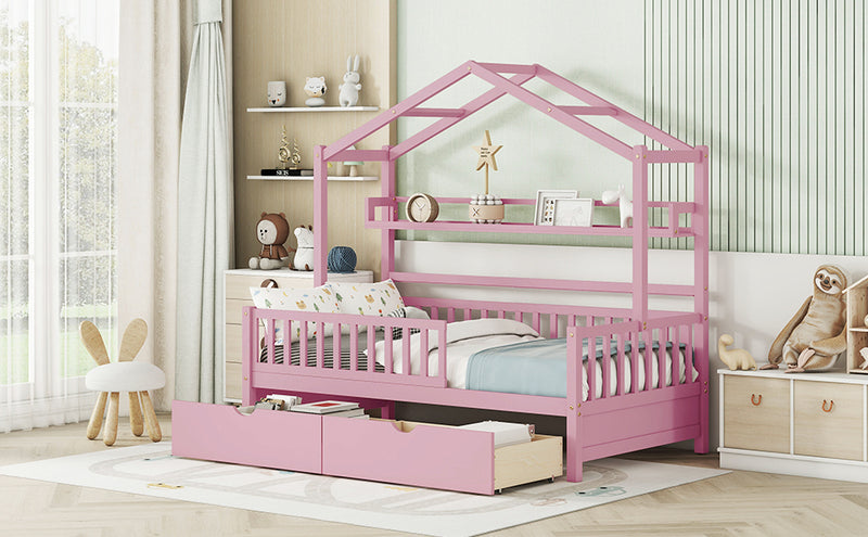 Wooden Twin Size House Bed with 2 Drawers,Kids Bed with Storage Shelf, Pink