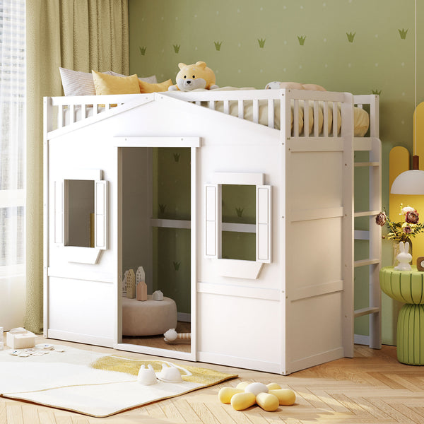 Twin Size House Loft Bed With Ladder-White