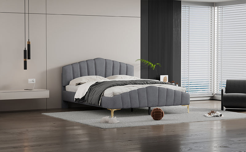 Queen Size Velvet Platform Bed with Thick Fabric, Stylish Stripe Decorated Bedboard and Elegant Metal Bed Leg, Gray