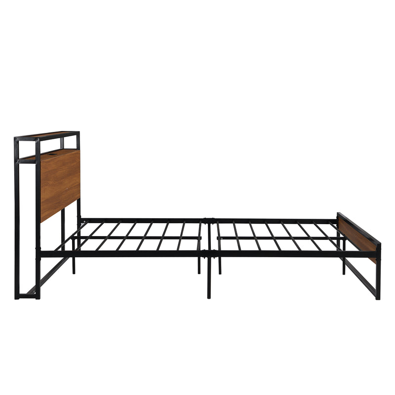 Queen Size Metal Platform Bed Frame with Sockets, USB Ports and Slat Support ,No Box Spring Needed Black