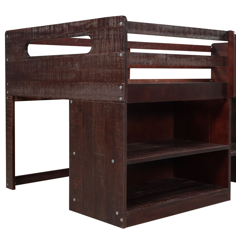 Twin Size Loft Bed With Two Shelves And Two Drawers