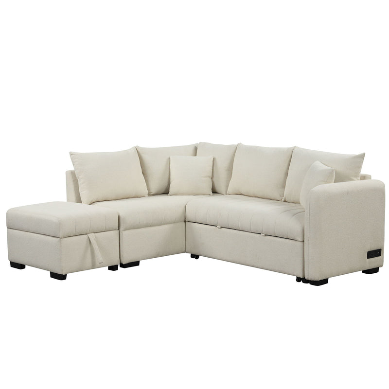 L-Shaped Sectional Pull Out Sofa Bed Sleeper Sofa With Two USB Ports, Two Power Sockets And A Movable Storage Ottoman