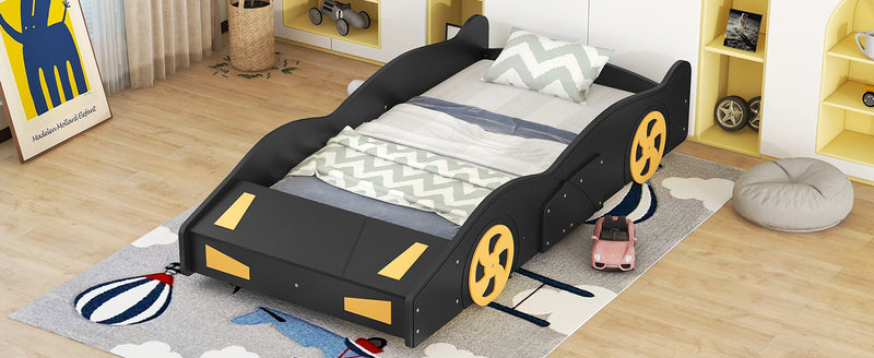 Twin Size Race Car-Shaped Platform Bed with Wheels and Storage, Black+Yellow