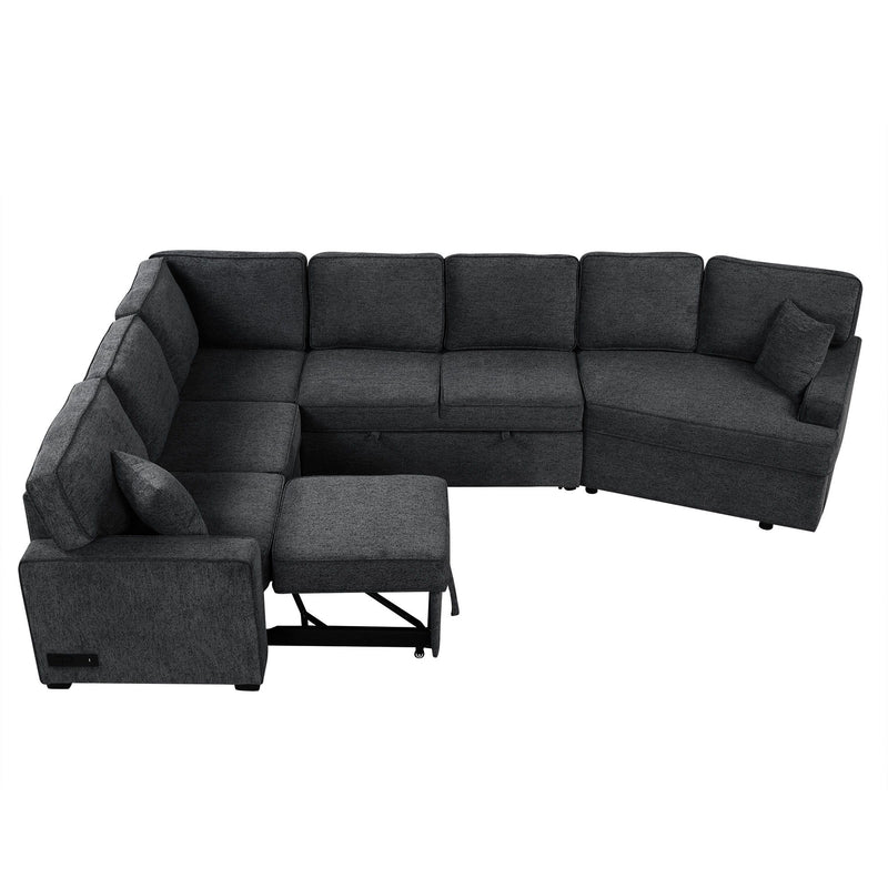 L-Shaped Sofa Sectional Sofa Couch Pull-Out Sofa Bed With Charging Devices And Cup Holders For Living Room