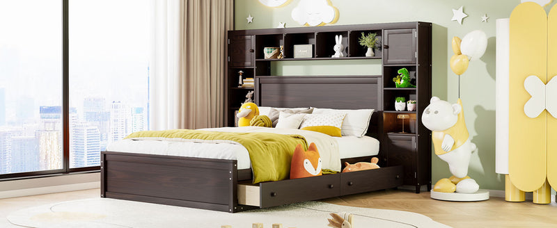 Queen Size Wooden Bed With All-in-One Cabinet, Shelf and Sockets, Espresso