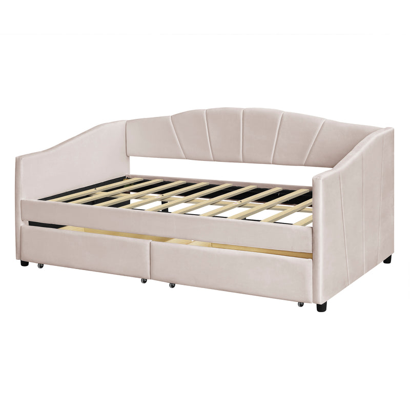 Upholstered daybed Twin Size with Two Drawers and Wood Slat  ,Beige