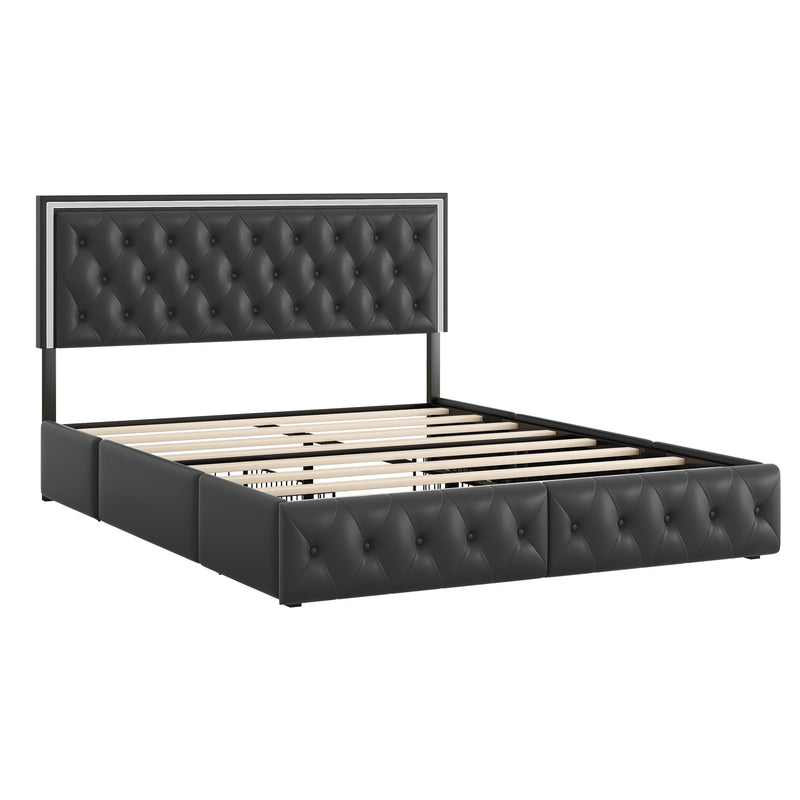 Queen Upholstered Bed Frame with 4 Storage Drawers, PU Leather Platform Bed with LED Headboard, No Box Spring Needed, Black