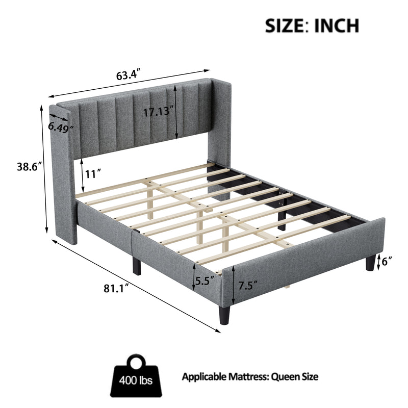 Queen size Upholstered Platform Bed Frame with Headboard, Mattress Foundation, Wood Slat Support, Quiet, no Box Spring Needed, Easy to Assemble Light Grey