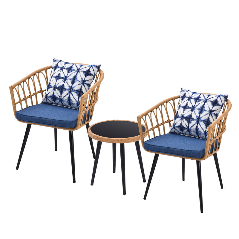 3 Piece Patio Bistro Set With Side Table, Outdoor PE Rattan Conversation Chair Set, Furniture Of Coffee Table With Glass Top, Cushions & Lumbar Pillows For Garden, Backyard, Balcony Or Poolside - Boho Blue