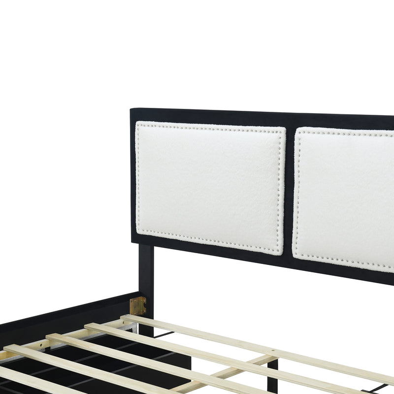 Queen Size Upholstered Platform Bed with Large Rivet-decorated Backrests and 4 Drawers, Velvet matched with Teddy Fleece, Black+White