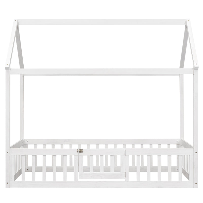 Twin Size Wood House Bed with Fence and Door, White Wash