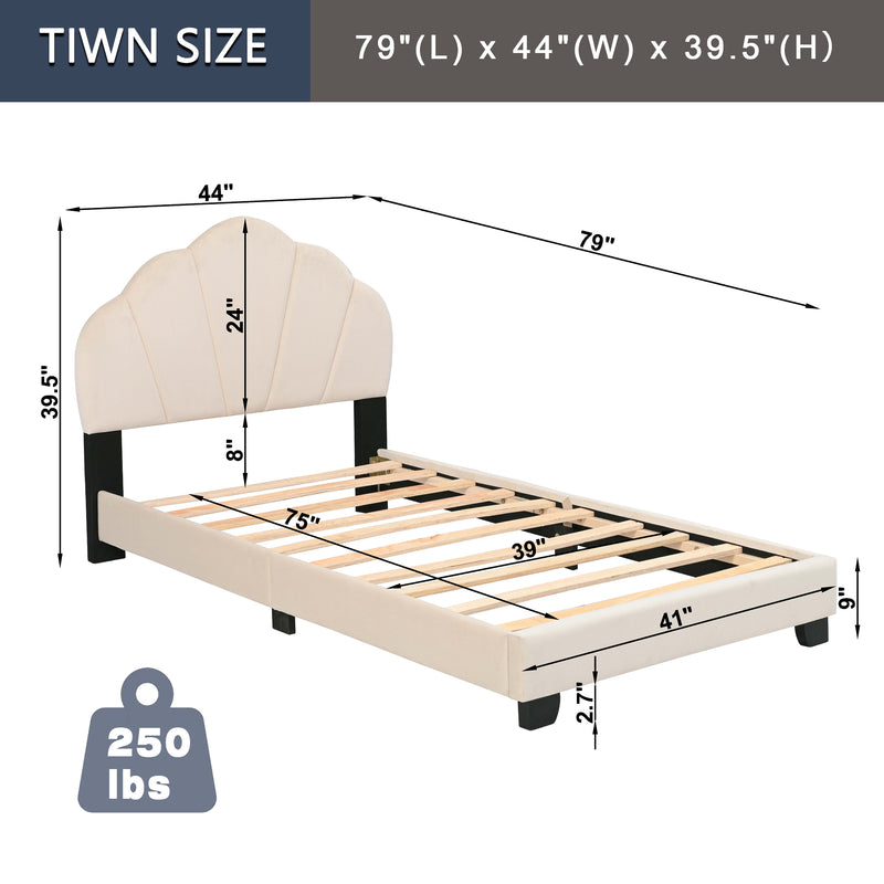 Upholstered Twin Size Platform Bed for Kids, with Slatted Bed Base, No Box Spring Needed, Beige color, Shell Design