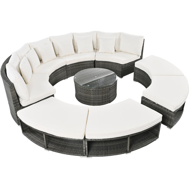 Outdoor Patio Furniture Luxury Circular Sofa Set Rattan Wicker Sectional Sofa Lounge Set With Tempered Glass Coffee Table, 6 Pillows