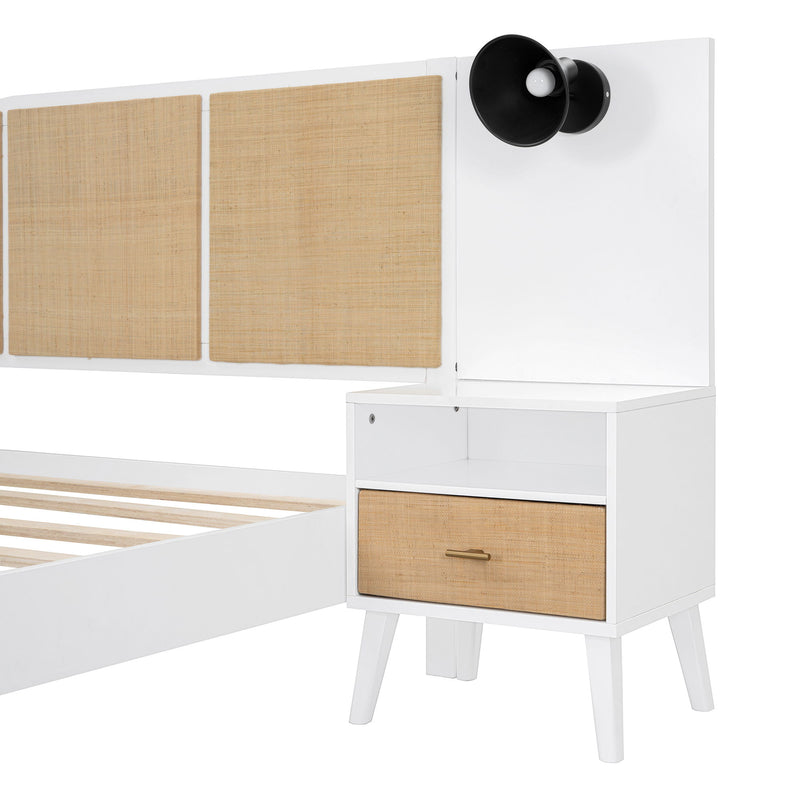 Solid Wood Bed Frame With 2 Nightstands, Elegant Design With Lamps, Rattan And Wood Combination