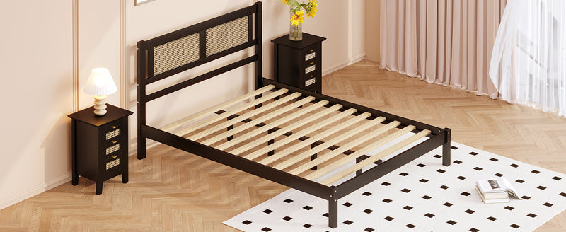 Queen Size Wooden Platform Bed with Natural Rattan Headboard, Exquisite Elegance with Minimalist Charm for Bedroom, Black