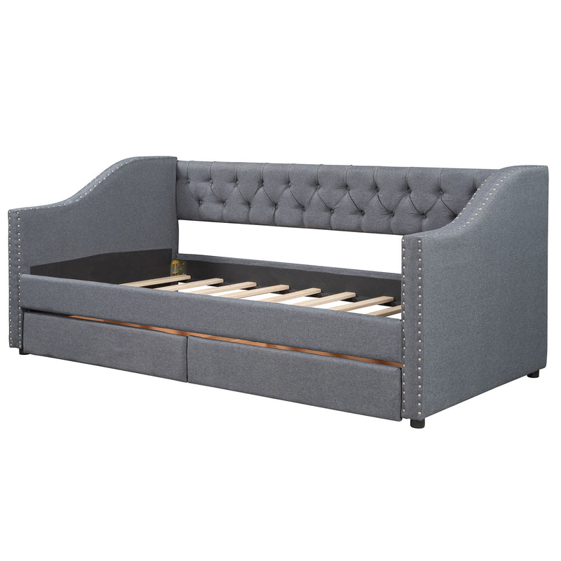 Twin Size Upholstered Daybed With Two Drawers, Wood Slat Support - Gray