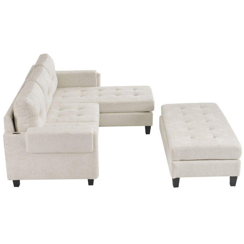 L Shaped Sofa Sectional Couch Sofa Bed With Two USB Ports, A Movable Ottoman And A Reversible Chaise Lounge For Living Room