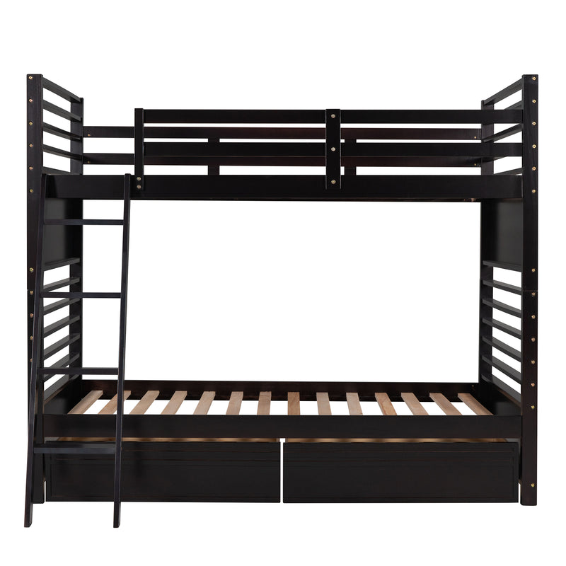 Twin over Twin Wood Bunk Bed with Two Drawers - Espresso