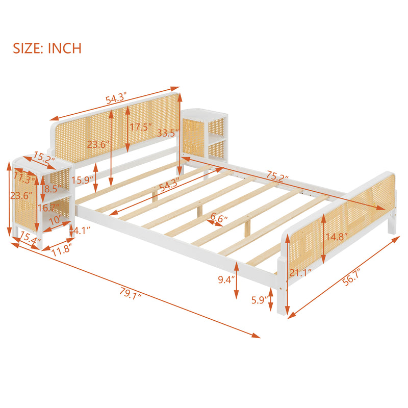3 Pieces Rattan Platform Full Size Bed With 2 Nightstands,White