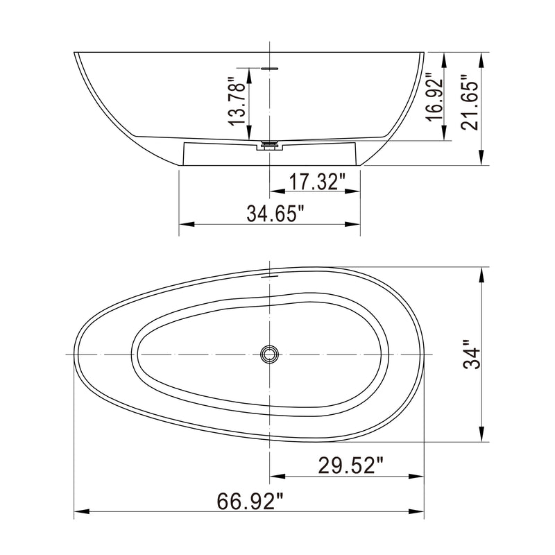 66.9" x 34" x 21.7" Freestanding Solid Surface Soaking Bathtub For Bathroom - Matte White