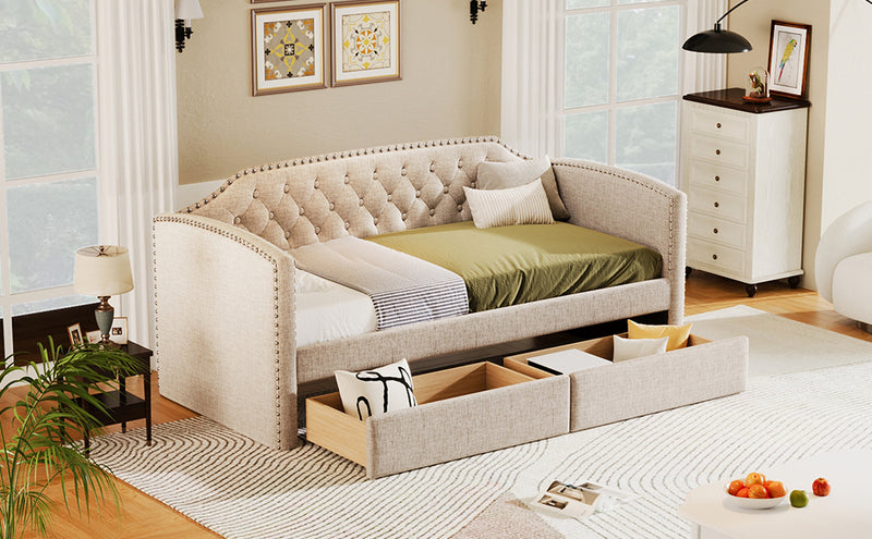 Twin Size Upholstered Daybed with Drawers for Guest Room, Small Bedroom, Study Room, Beige