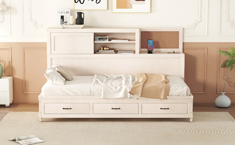 Twin Size Wooden Daybed with 3 Storage Drawers, Upper Soft Board, shelf, and a set of Sockets and USB Ports, White