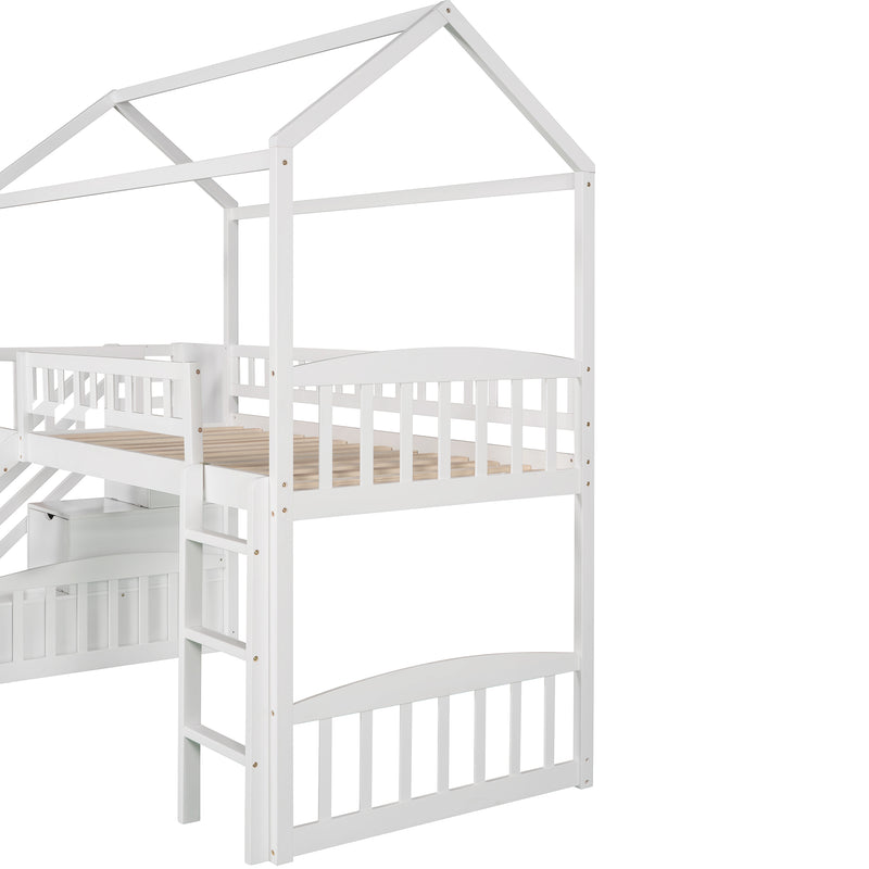 Twin Loft Bed with Two Drawers and Slide, House Bed with Slide, White (Old SKU: LP000130AAK)