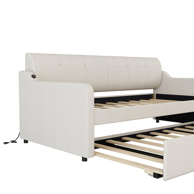 Twin Size Upholstery Daybed with Trundle and USB Charging Design,Trundle can be flat or erected,Beige