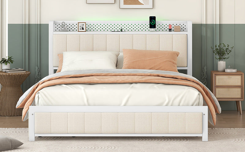 Queen Bed Frame with LED Headboard, Upholstered Bed with 4 Storage Drawers and USB Ports, Beige