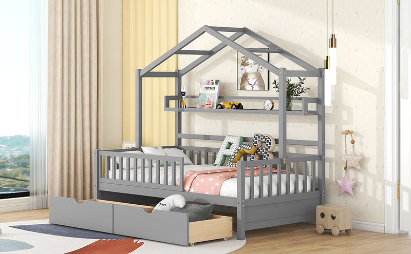 Wooden Twin Size House Bed with 2 Drawers,Kids Bed with Storage Shelf, Gray