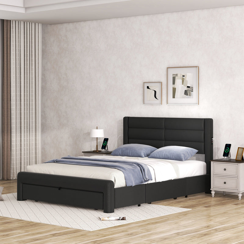 Queen Size Bed Frame with Drawers Storage, Leather Upholstered Platform Bed with Charging Station, Black