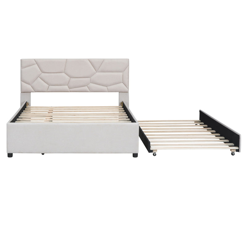 Upholstered Platform Bed With Brick Pattern Headboard And Twin Size Trundle, Linen