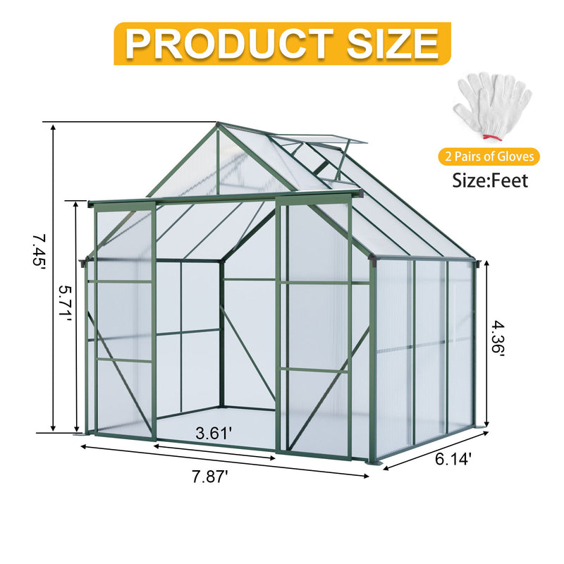 Double Door Polycarbonate Greenhouse Raised Base And Anchor Aluminum Heavy Duty Walk In Greenhouses For Outdoor Backyard In All Season