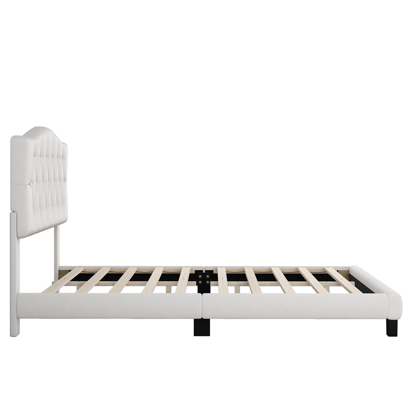 Upholstered Platform Bed with Saddle Curved Headboard and Diamond Tufted Details, King, Beige