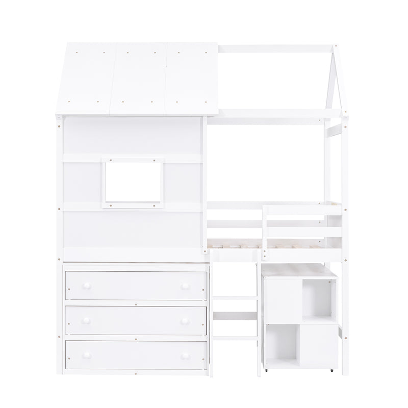 Twin Size House Loft Bed with Storage Desk and 3 Drawer Chest, White