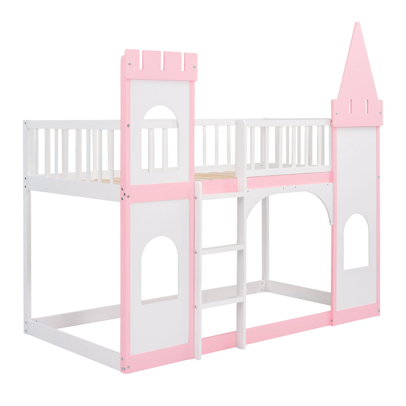 Twin Over Twin Castle Bunk Bed with Ladder - Pink