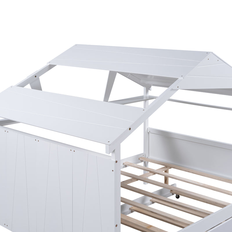 Wood Full Size House Bed with Twin Size Trundle and Storage, White