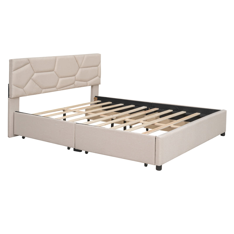 Queen Size Upholstered Platform Bed with Brick Pattern Headboard and 4 Drawers, Linen Fabric, Beige