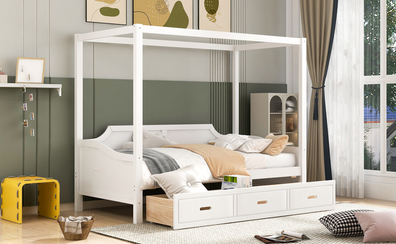 Twin Size Wooden Canopy Daybed with 3 in 1 Storage Drawers,White