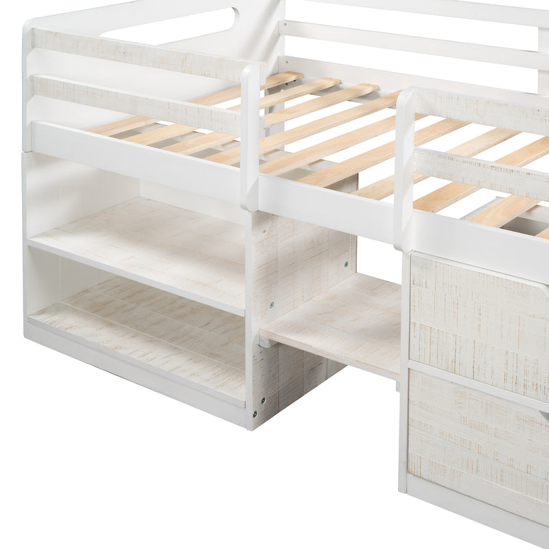 Twin size Loft Bed with Two Shelves and Two drawers (Antique White)