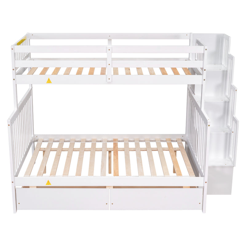 Twin Over Full Bunk Bed with 2 Drawers and Staircases, Convertible into 2 Beds, the Bunk Bed with Staircase and Safety Rails for Kids, Teens, Adults, White