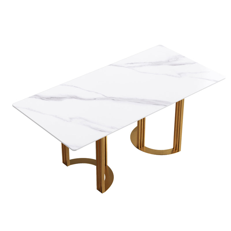 70.87" Modern Artificial Stone White Straight Edge Golden Metal Leg Dining Table, Can Accommodate 6-8 People - White / Gold