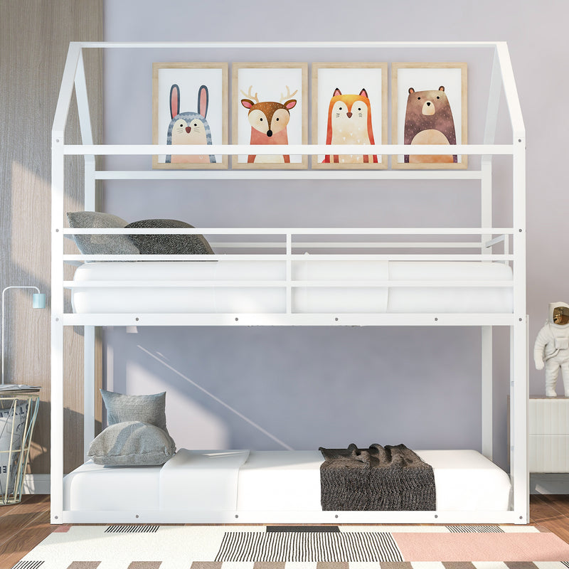 Bunk Beds for Kids Twin over Twin,House Bunk Bed Metal Bed Frame Built-in Ladder,No Box Spring Needed White