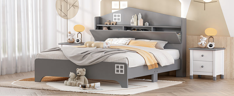 Wooden Full Size House Bed with Storage Headboard ,Kids Bed with Storage Shelf,Grey