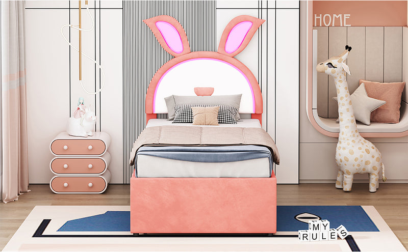 Twin Size Upholstered Platform Bed with Trundle and 3 Drawers, Rabbit-Shaped Headboard with Embedded LED Lights, Pink