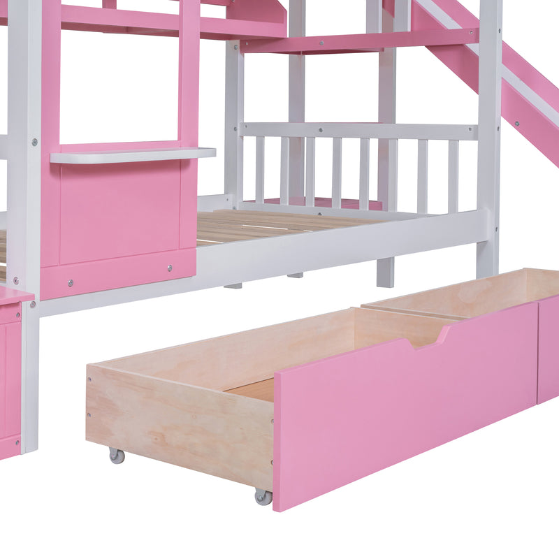 Twin-Over-Twin Castle Style Bunk Bed with 2 Drawers 3 Shelves and Slide - Pink