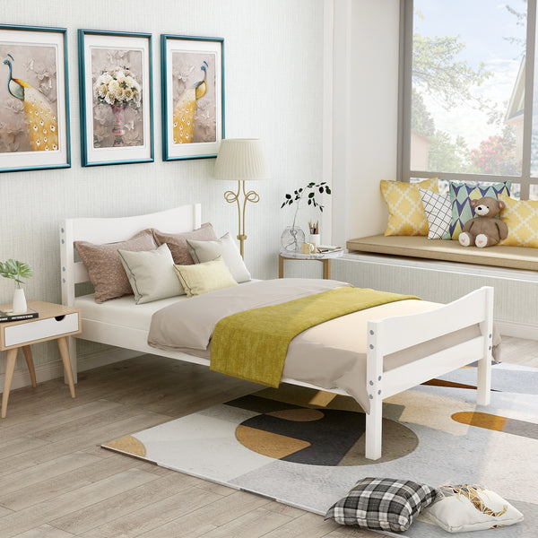 [Not allowed to sell to Walmart]Twin Size Wood Platform Bed with Headboard and Wooden Slat Support (White)