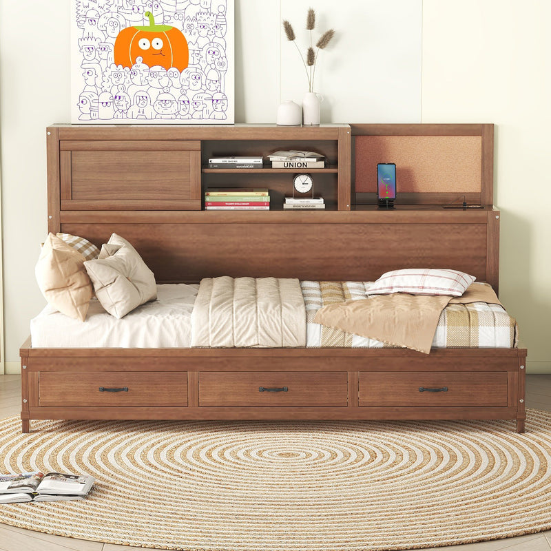 Twin Size Wooden Daybed with 3 Storage Drawers, Upper Soft Board, shelf, and a set of Sockets and USB Ports, Brown