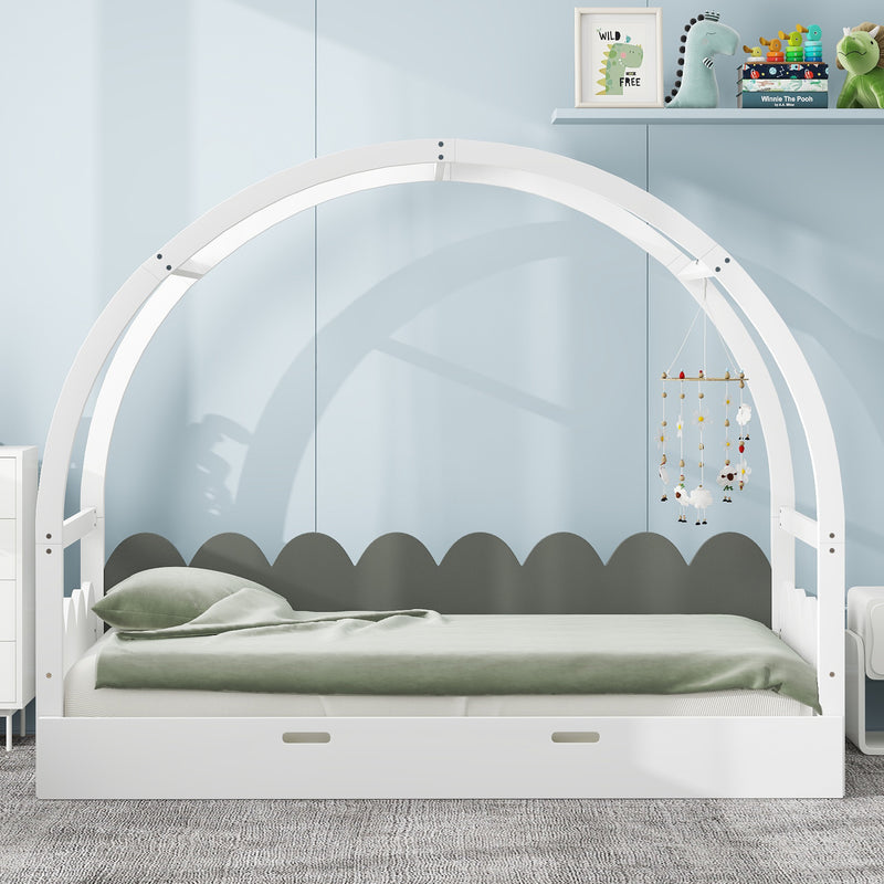 Twin size stretchable vaulted roof bed, children's bed pine wood frame, white+gray